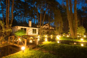 Beautiful landscape lighting in yard with pond.